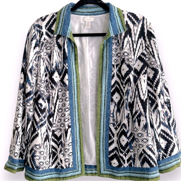 Chico’s Linen Multi Print Open Front Jacket Size 2 US Large - Picture 1 of 6